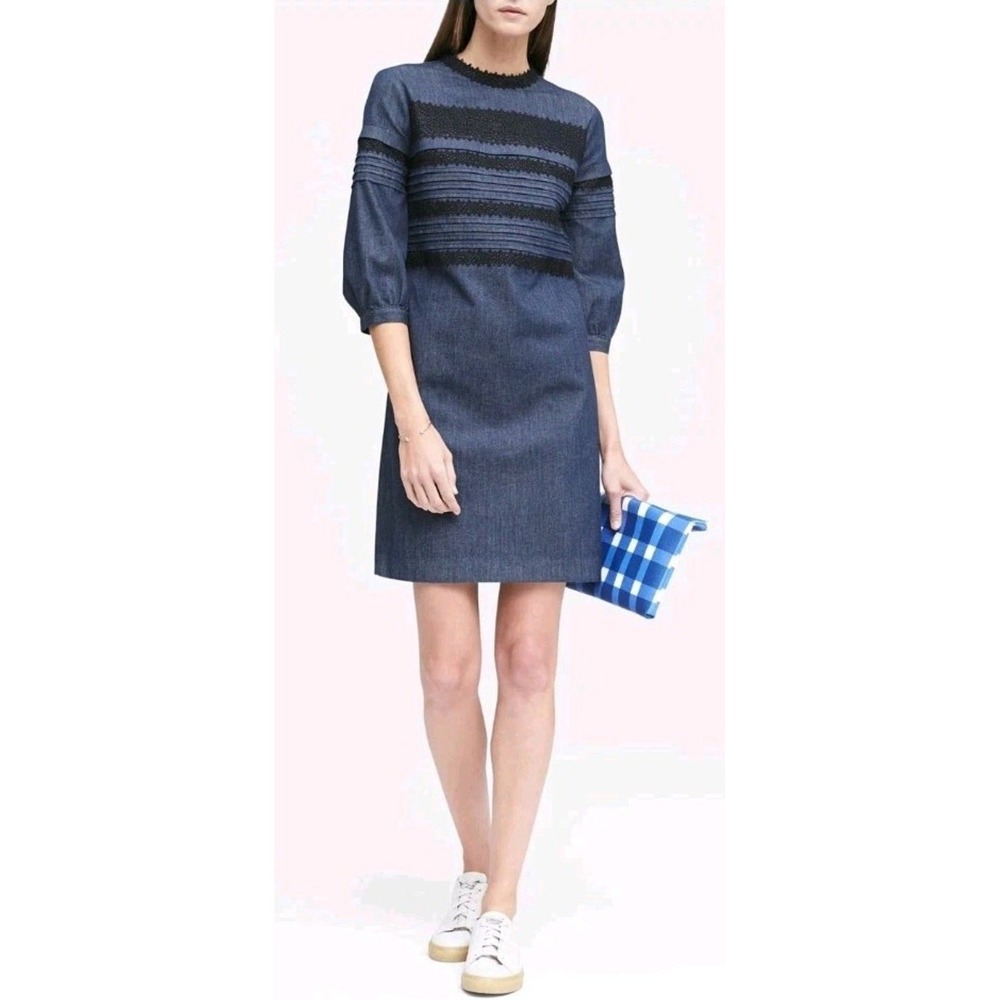 Banana Republic Dress Womens 2 Blue Denim Lace Pintuck Shift Mini 3/4 Sleeve